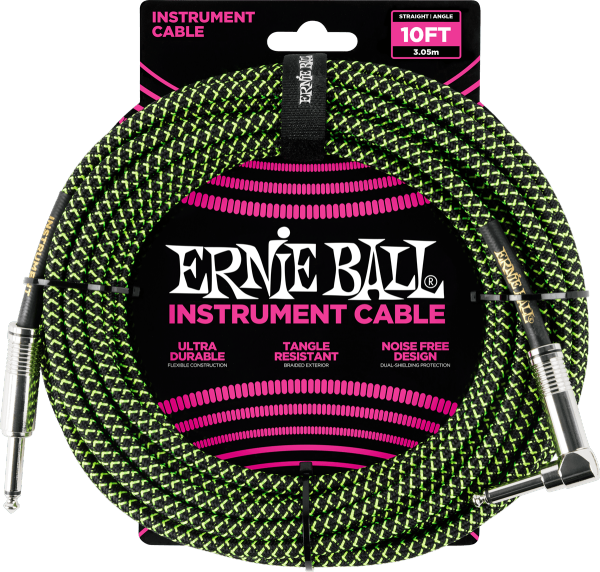 Câble instrument Ernie Ball jack/jack coudé 3 m noir et vert