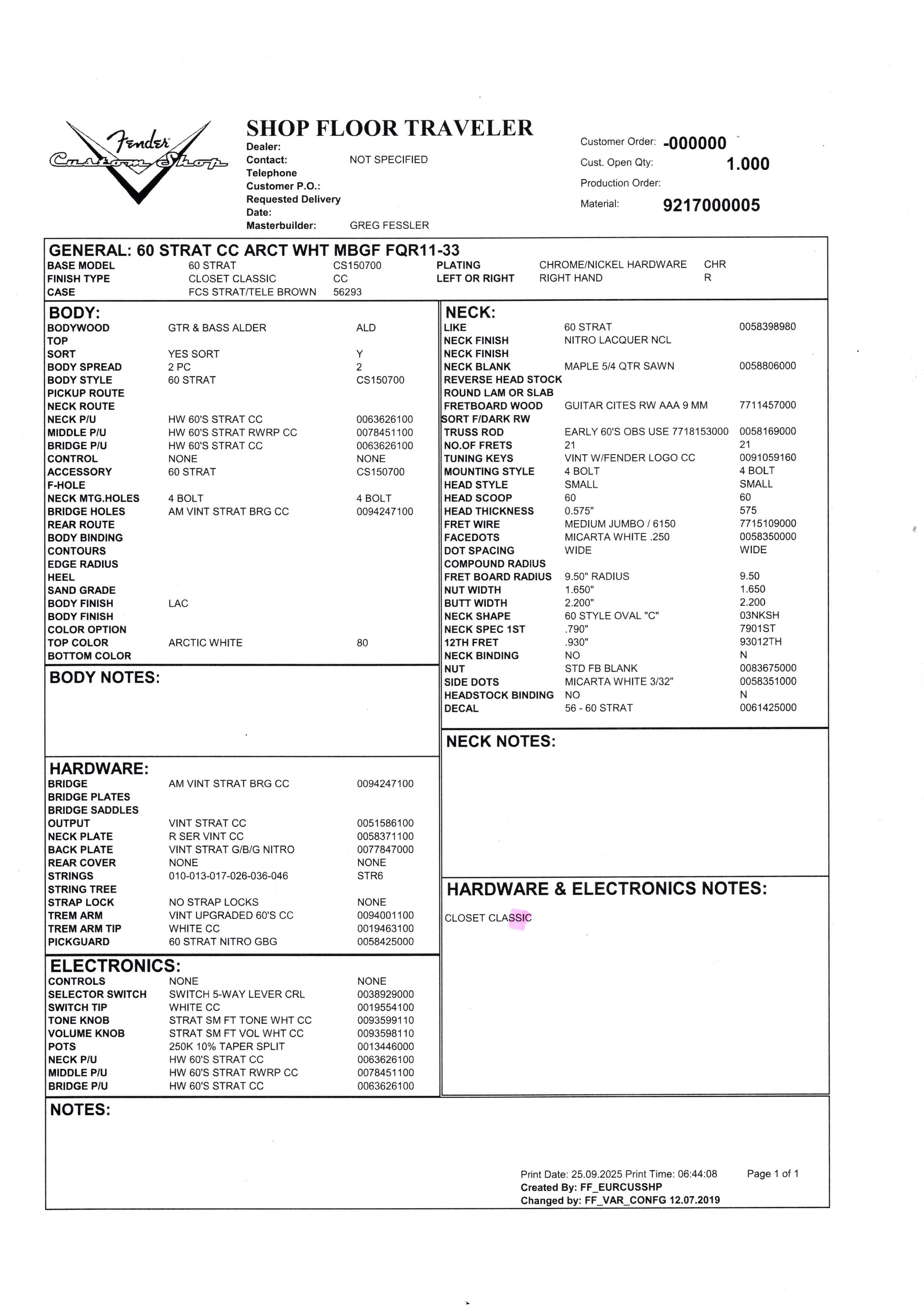 Fender Stratocaster Closet Classic 1960 Masterbuilt Greg Fessler OCCASION