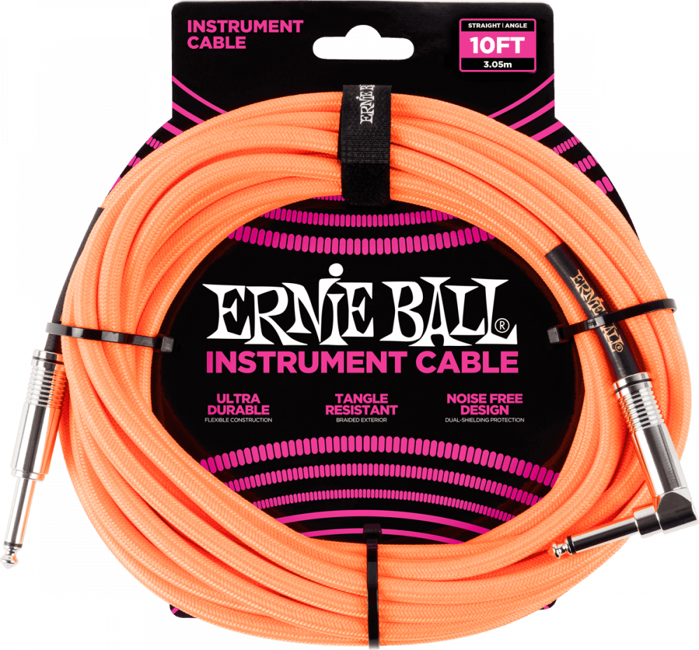 Câble instrument Ernie Ball gaine tissée jack/jack coudé 3 m orange fluo