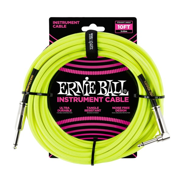 Câble d’instrument tressé Ernie Ball 10 ft (3,05 m) – rectiligne à coudé – jaune néon