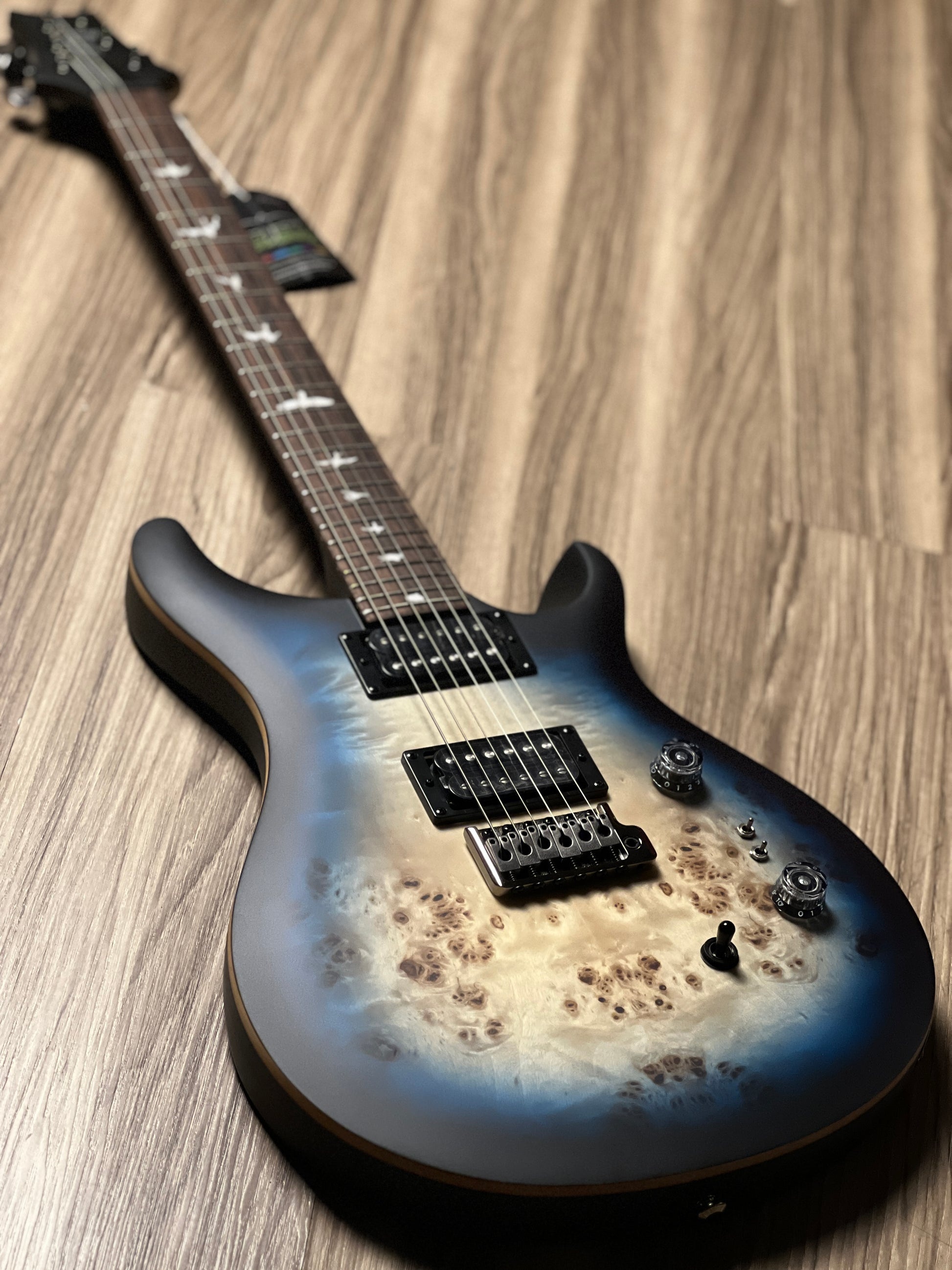 PRS SE Exotic Custom 24‑08 Poplar Burl Lake Blue Midnight Burst